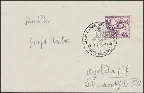 616 Olympia Jagdspringen 40 Pf. Brief passender SSt BERLIN OLYMPIALAGER 1.8.36