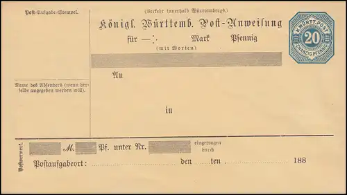 Wurtemberg Transposition de l'instruction postale AU 36 - Pfennig bleu raide M, non utilisé **