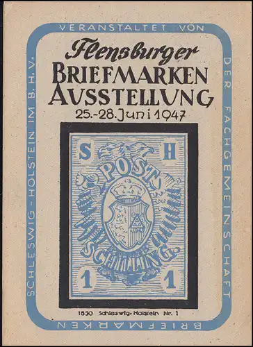 Carte de l'exposition des timbres de Flensburg avec SSt FLENSBURG 25-27.6.47