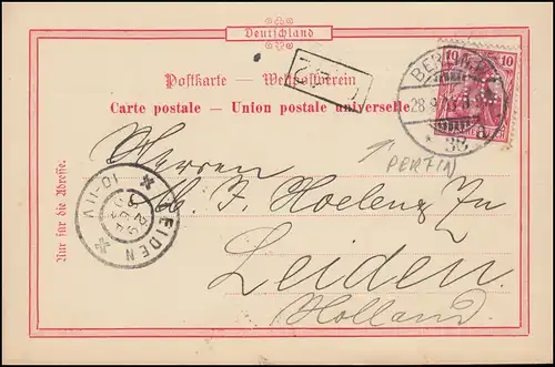 Firmenlochung DL auf Germania 10 Pf Postkarte BERLIN 28.0.03 nach Leiden/Holland