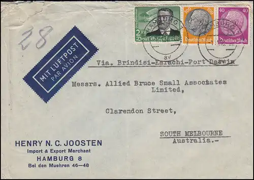 538 Lilienthal mit Hindenburg-Frankatur Lp-Brief HAMBURG 1.11.38 nach Australien