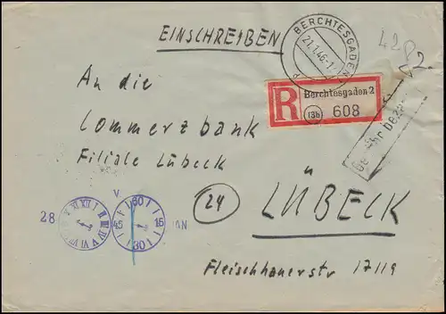 Gebühr-Bezahlt-Stempel auf R-Brief BERCHTESGADEN 21.1.1946 nach LÜBECK 26.1.46