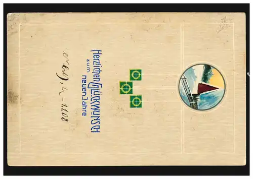 Prägekarte Neujahr: Kiche in Winterlandschaft im Medaillon, BONN 31.12.1907