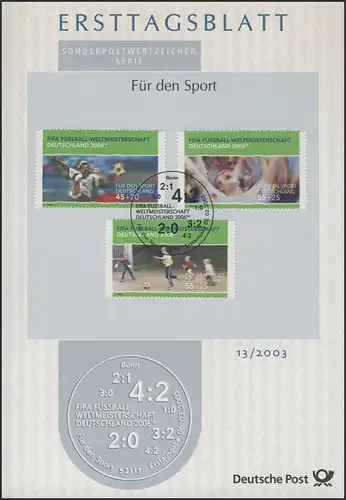 ETB 13+13a/2003 Sport FIFA Weltmeisterschaft, 2 Blätter mit 5 Marken komplett