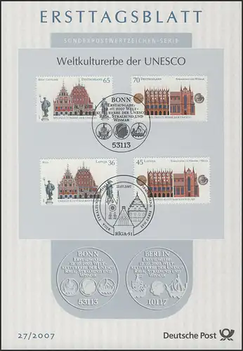 ETB 27/2007 UNESCO, Riga, Stralsund, Wismar, Rathaus - mit Ausgabe Lettland