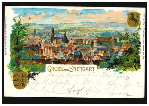 AK Gruss de Stuttgart Vue totale, timbre en cercle STUTTGART 1 - 30.7.1899