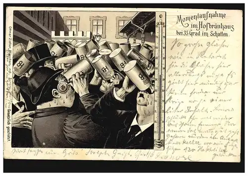 Karikatur-AK Momentaufnahme im Hofbräuhaus bei 35 Grad im Schatten, MÜNCHEN 1899