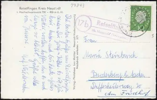 Landpost Reiselfingen über NEUSTADT (SCHWARZWALD) 2.8.61, passende Ansichtskarte