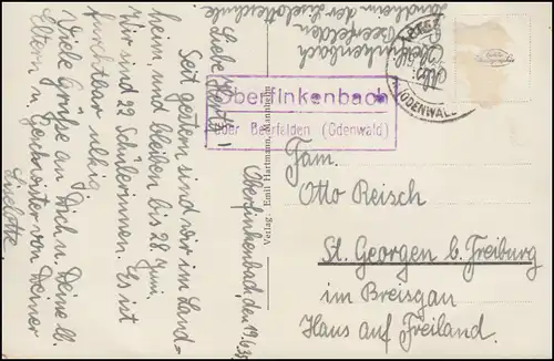 Landpost Oberfinkenbach sur Beerfelden (Odenwald) 19.6.35 sur AK Hildegardhaus