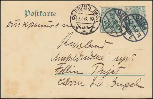 Carte postale P 78 avec ZF UNNA 1.7.1910 en Russie Tampon d'arrivée FELLIN 22.6.10