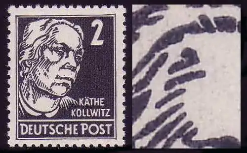 327III Kollwitz 2 Pf mit PLF III Haken-Stirnlinie, postfrisch **