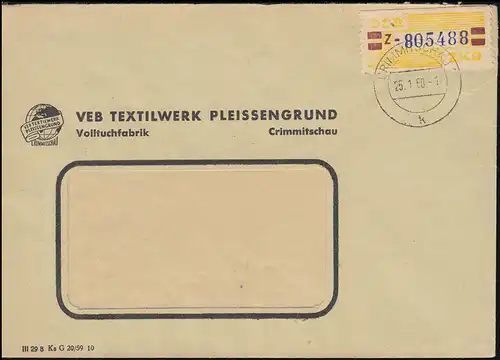 25-Z Dienst-B Billett mit kleiner Nummer 805488 Brief Textilwerk Pleissengrund