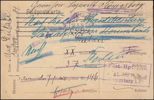 Feldpostkarte BS Festungs-Haupt-Lazarett Königsberg in Preußen HAMBURG 28.8.1914