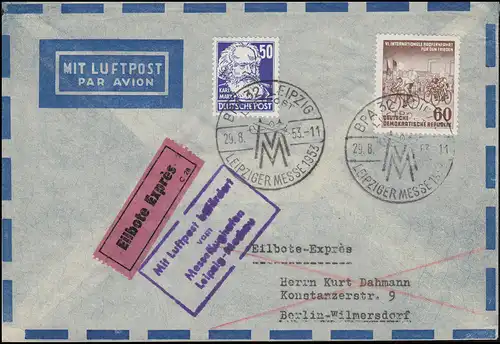 Messe-Special Vol Mair-Aéroport Leipzig Moscou lettre Eil-Lp SSt LEIPZIG 29.8.53