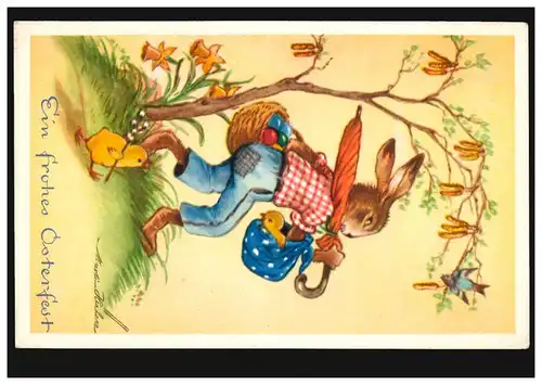 Künstler-AK Ostern Osterhase mit Eiern und Küken auf Wanderschaft, AACHEN 1951