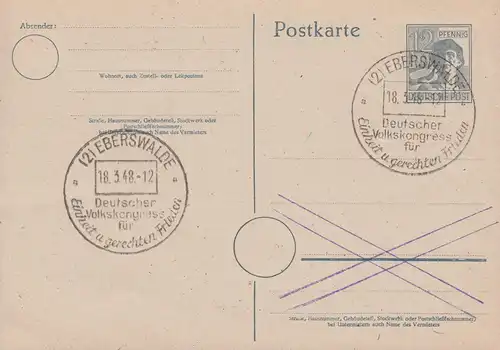 SSt EBERSWALDE Deutscher Volkskongress Einheit 18.3.1948 auf Postkarte P 962