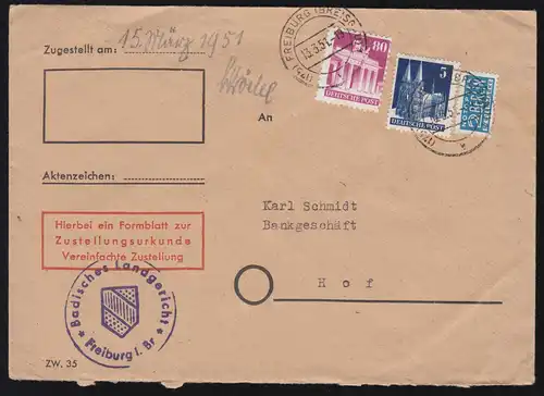 75eg und 94wg Bautenserie mit Notopfer Zustellungsurkunde FREIBURG 13.3.1951