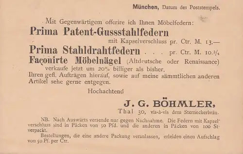 Bayern Postkarte P 29II/01 Kontrollzeichen A, MÜNCHEN 19.5.1885 nach Kissingen