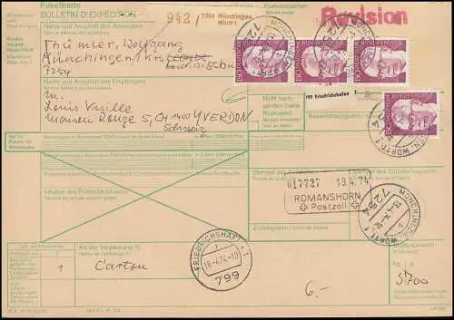 730 Heinemann 4 mal 150 Pf. als MeF auf Auslands-Paketkarte MÜNCHINGEN 13.4.1974