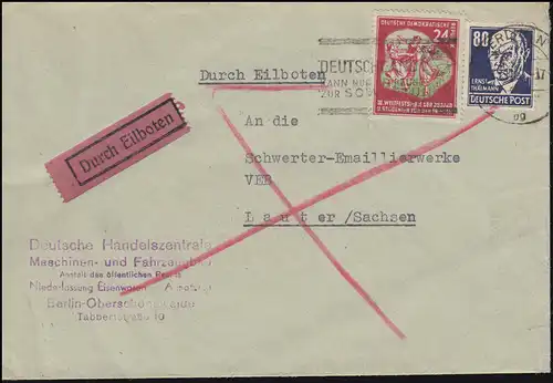 226 Thälmann 80 Pf. mit 290 Weltfestspiele 24 Pf. MiF Eil-Brief BERLIN 15.11.51