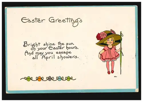 AK Ostern: Easter Greetings - Mädchen mit Hut und Schirm, NEW YORK 7.4.1916