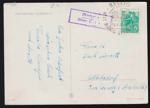 Landpost-Stempel Raben über BELZIG SST STADT AM FLÄMING 14.4.1960 auf AK Ostern