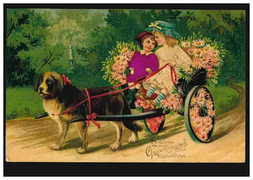 Prägekarte Tiere: Hundegespann mit Mädchen und Blumen, LINDAU 11.4.1912