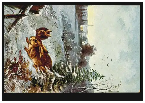 Tiere-AK Schröpler: Winter mit Kaninchen-Paar, SAARLOUIS 31.12.1909