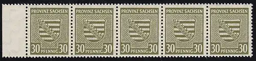 83X III Provinzwappen 30 Pf. als 5er-Randstreifen mit PLF III weiße Linie, **