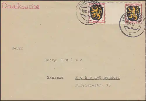 Franz. Zone Allgemein 2 Wappen 3 Pf. Zwischenstegpaar Drucksache LANDAU 10.11.47