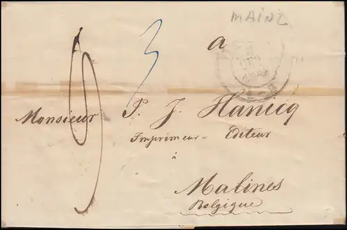 Prusse Vorphilatelie Lettre de motivation MAINZ 3.10.1849 vers MALINES 5.10.49 Transit-O