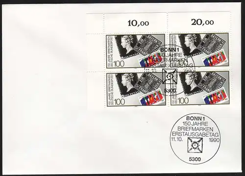 1479 - 150 Jahre Briefmarken, Eckrand-Vbl. oben links FDC ESSt Bonn