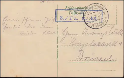 Feldpost BS 3./Fa.R.43 der 14. Inf.-Div. 25.6.16 auf AK Sägemühle Vilosnes-Sivry