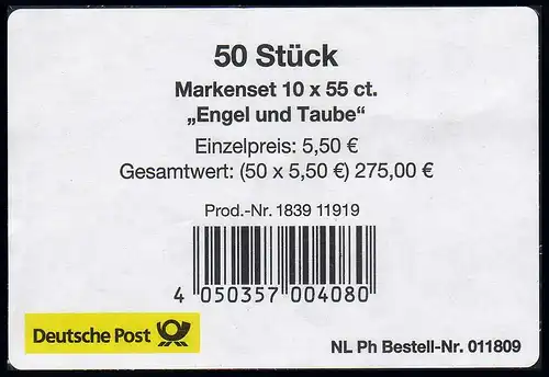 2827-2828 Grußmarken Engel und Taube: Banderole 2011 - Prod.-Nr. 1839 11919