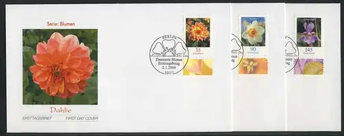 2505-2507 Blumen 0,35, 0,90 und 1,45 Euro auf drei FDC ESSt Berlin