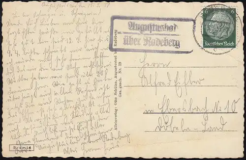 Landpost-Stempel Augustusbad über RADEBERG 15.3.1937 auf passender AK Badehaus