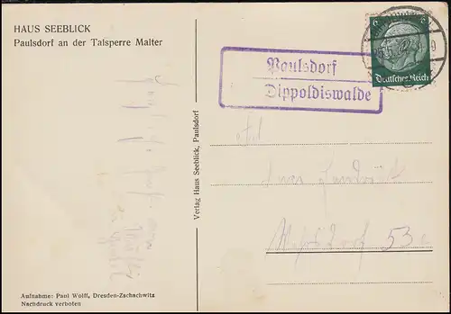 Landpost-Stempel Paulsdorf über DIPPOLDISWALDE 25.5.1934 auf AK Haus Seeblick