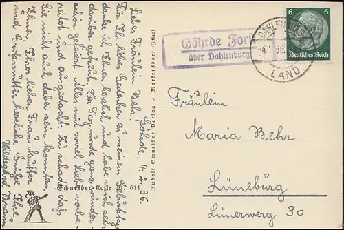 Landpost-Stempel Göhrde Forst über DAHLENBURG LAND 4.2.1936 auf AK Gebirgssee