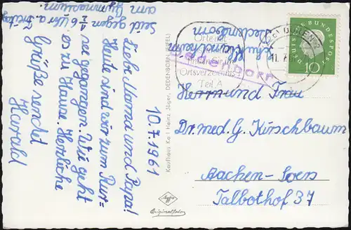 Landpost-Stempel Dedenborn auf passender AK, DÜREN 11.7.1961