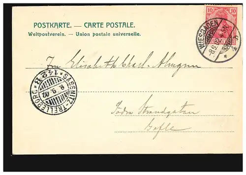 Poste de bateau SASSNITZ-TRELLEBORG 142B 9.9.1902 sur AK Gruss de Wiesbaden