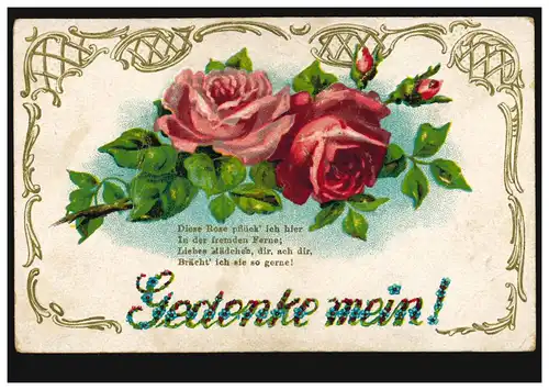 Prägekarte Gedenke mein - Rote Rosen, Feldpost 28.12.1917 BS Rekruten-Depot