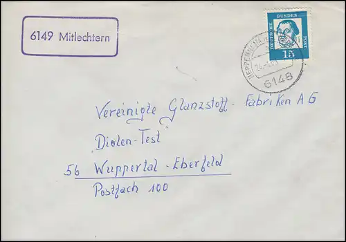 Landpost-Stempel 6449 Mitlechtern auf Drucksache HEPPENHEIM BERGSTR. 24.4.1963