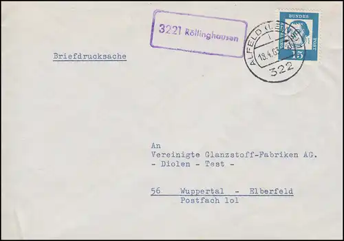 Landpost-Stempel 3221 Röllinghausen auf Briefdrucksache ALFELD (LEINE) 18.4.1963