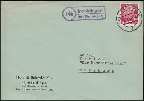 Landpost-Stempel Ingoldingen über BIBERACH (RISS) 2.8.1958 auf Brief