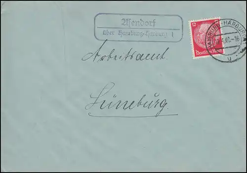 Landpost-Stempel Asendorf über HAMBURG-HARBURG 19.4.1940 auf Brief nach Lüneburg