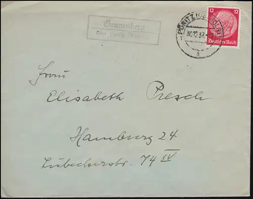 Le temple de la poste de Landpost Gronenberg sur PÖNITZ (OSTHOLST.) 20.12.1937 sur lettre