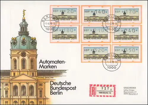 ATM Berlin, 8 Werte: 20-350, Satz auf Schmuck-FDC ET-O Berlin 12 - 1.4.1989