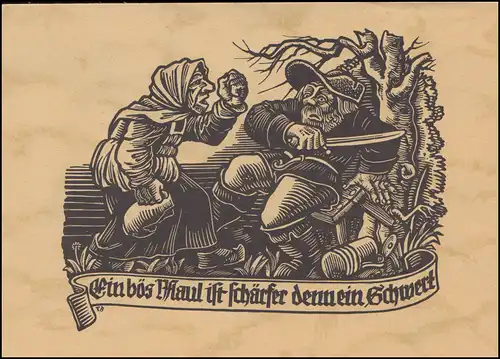 Korn-Künstlerkarte Holzschnitt von Paul Beuttner: Scharfe Worte! ungebraucht
