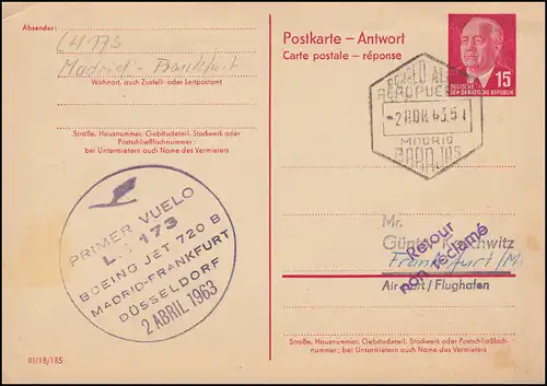 Premier vol AEHRHANSA LH 173 Madrid-Francfort-Düsseldorf 2.4.1963 en RDA P 65aA