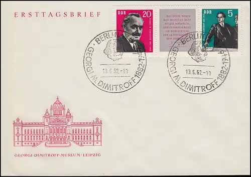 893-894 Dimitrow-Zusammendruck W Zd 31 Schmuck-FDC ESSt BERLIN Kopfbild 18.6.62